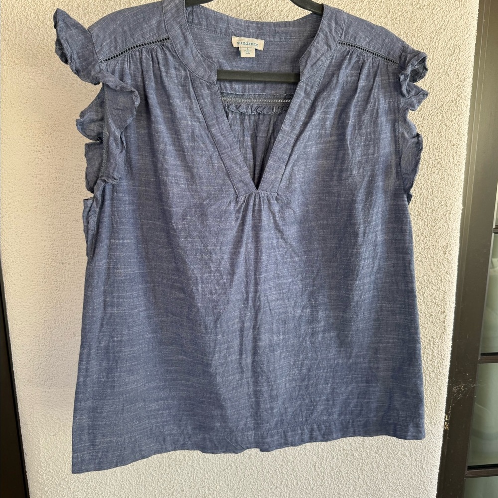 Sundance Blue chambray Ruffle Sleeve Top